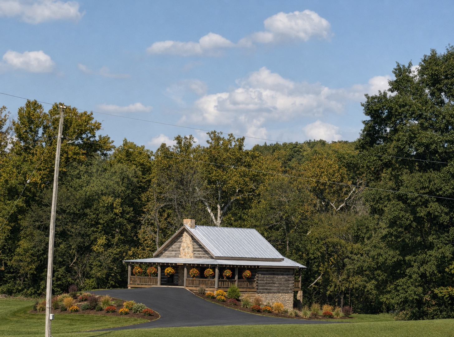 Log and stone home at 5 Petals Homestead