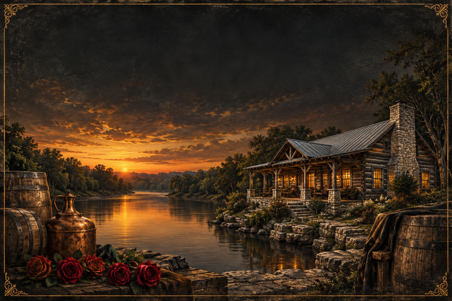 Original heritage artwork of a Kentucky riverfront cabin with bourbon barrels, copper, and crimson roses
